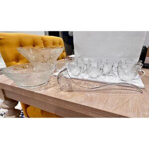 15 pcs Set Clear Glass Punch Floral Cups & Bowl w/Base & Ladle Party Drinks New
